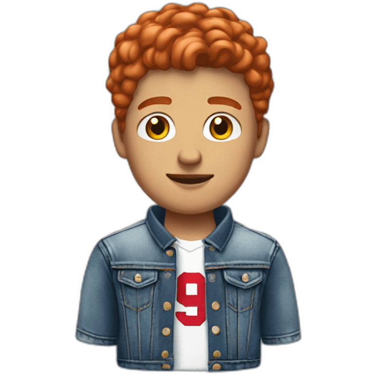 a young man in a jeans jacket and bills jersey with short red hair emoji