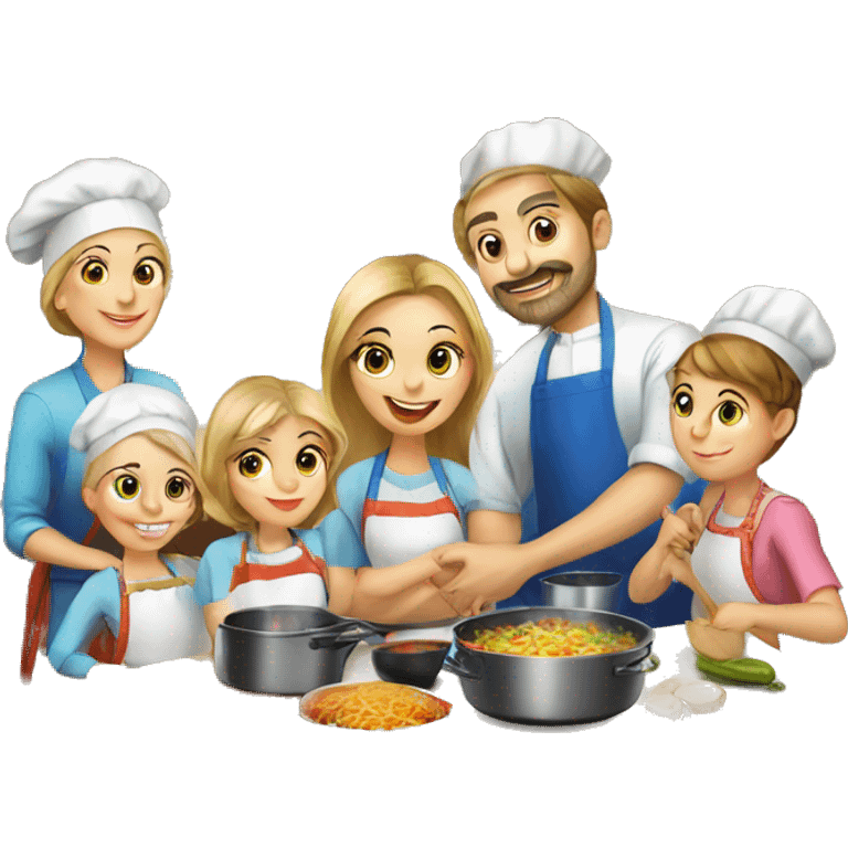 Russian family of 7 members cooking together at kitchen emoji