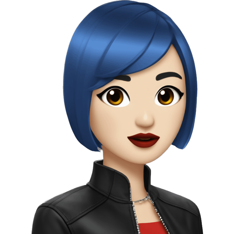 Dani Kim A Korean-white woman with short blue asymmetric bobbed hair, rounded heart-shaped face, red lipstick, black eyeliner and mascara wings, and black choker collar, earings,  light freckles, asian features, leather jacket and band t-shirt emoji