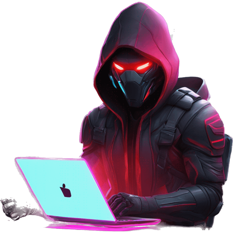 developer behind his laptop with this style : crysis Cyberpunk Riot Games Valorant neon glowing bright red character red dark black hooded assassin themed character emoji