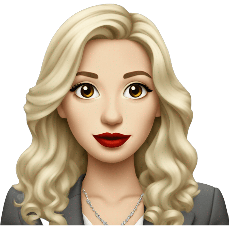 Russian Blonde long hair with big red lips small nose and black eyes Tiffany diamond seller in a grey suit emoji