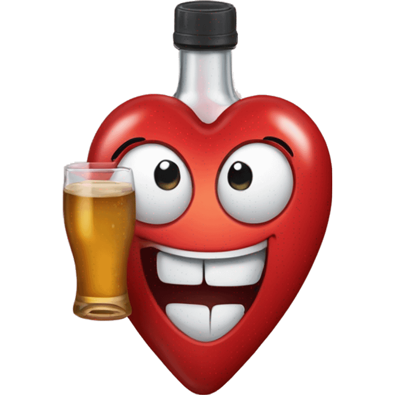 A red heart ❤️ with eyes, a mouth, and hands, tipsy and drunk, holding a bottle, looking wobbly and playful emoji