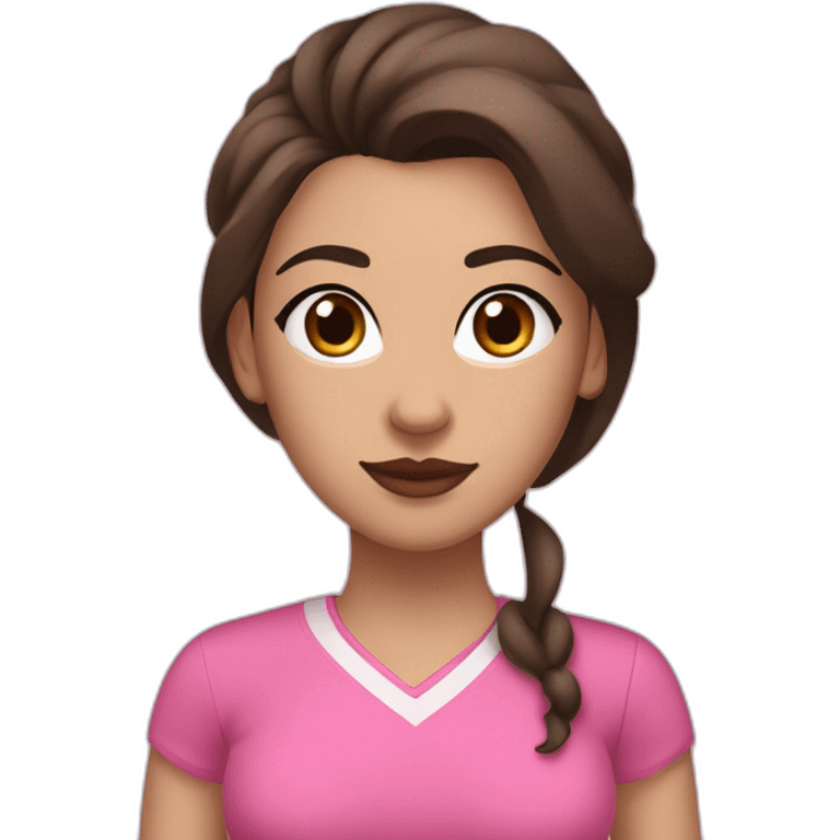 White women with long dark brown hair and long eyelashes dark brown eyes and pink cheeks with pink lips and thick dark brown eyebrows, athletic body, dressed in brown leggings and a brown top emoji