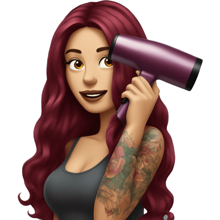 Beautiful tattooed  burgundy long haired woman blow drying her hair emoji