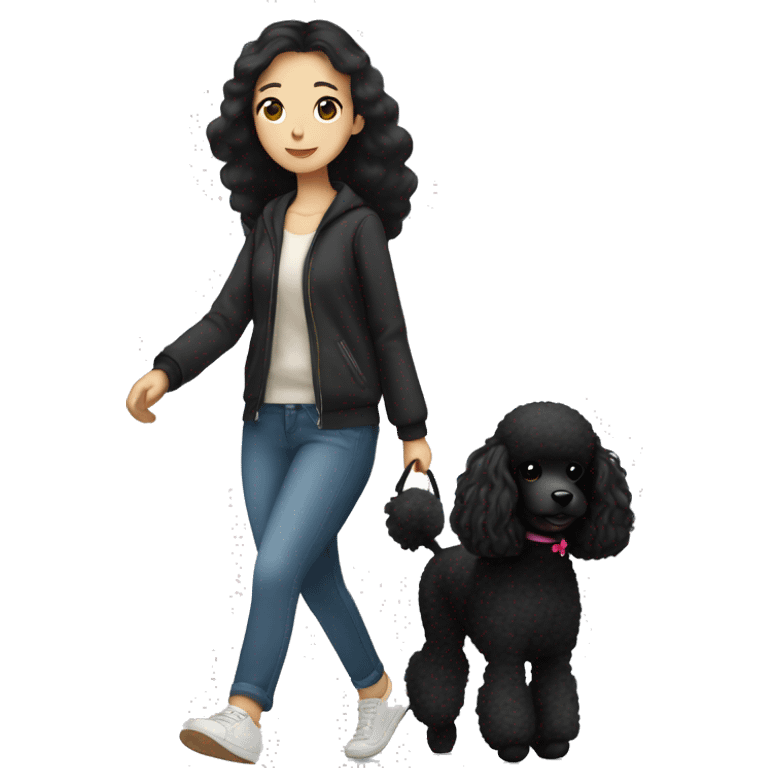 One Korean girl with black long straight hair with one medium black poodle is walking. emoji