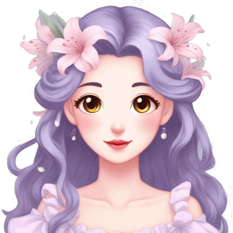 Gorgeous pastel anime style lady with blushing face and lilies cottagecore fairycore pastelcore colorful pearly romantic simplistic aesthetic trending style emoji