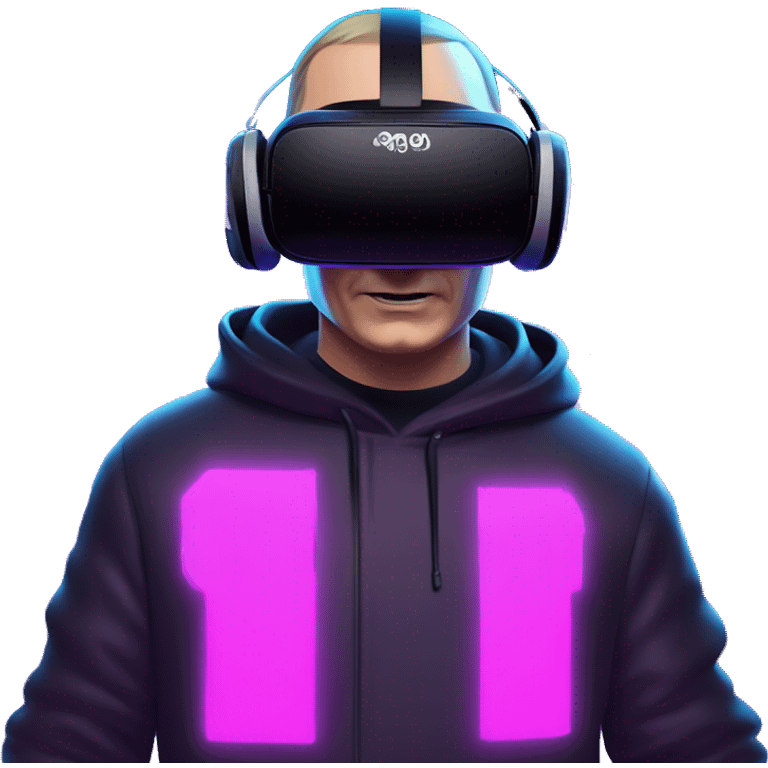 Vladimir Putin wearing a black hoodie with "OMG" letters on it and VR headset oculus quest 2 in a cyberpunk VR environment with violet neon lighting. emoji