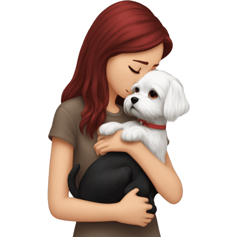 Dark-red-haired girl kiss her Maltese-Black-dog emoji