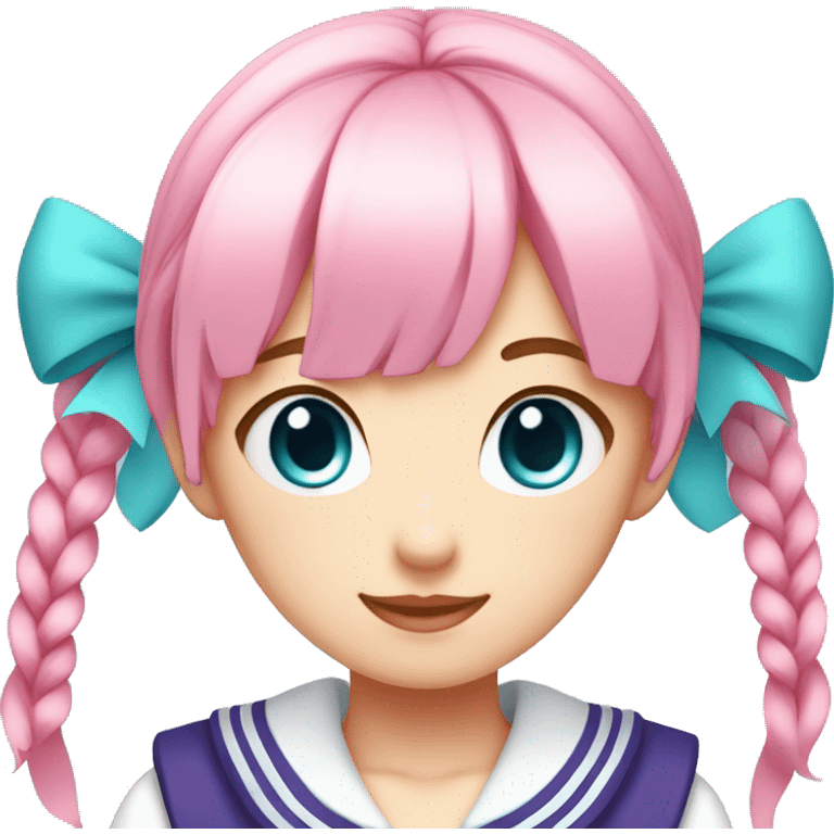 1 girl,light Pink hair, purple eyes,short high twintails with red hair ribbon,cyan blue  and white top Sailor uniform with cyan blue  sailor collar, emoji