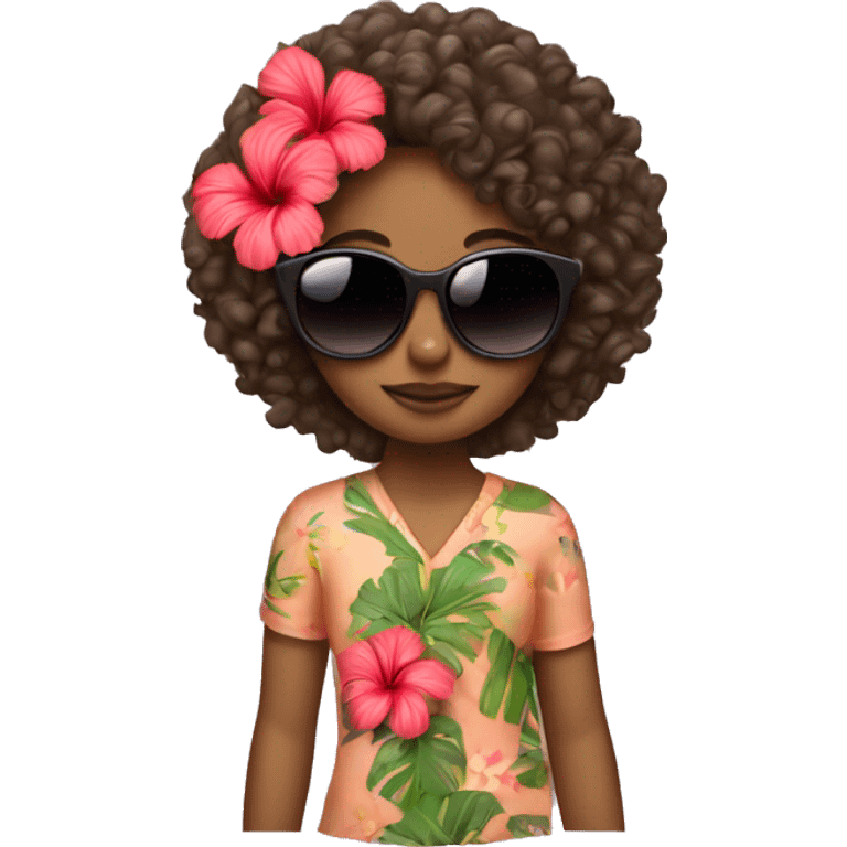 Girl with curly hair wit hibiscus flower and sunglasses emoji