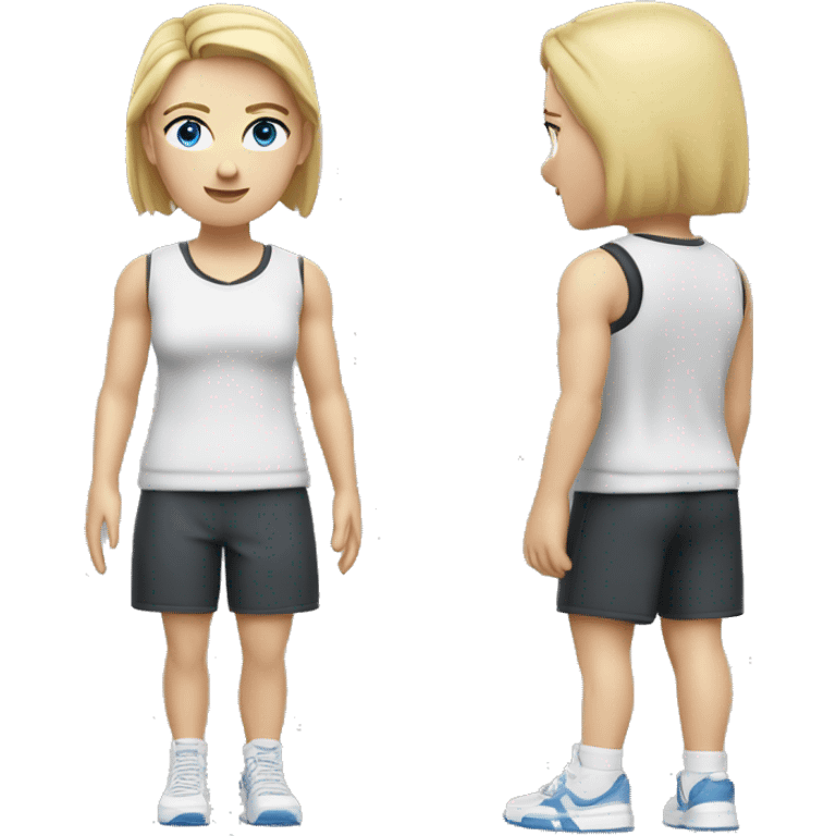 Close up Actively Pale skinned Fit woman With the biceps and blonde hair in dark gray Sleeveless Mike, black sports shorts, watch and white Sneakers and Blue Eyes  emoji