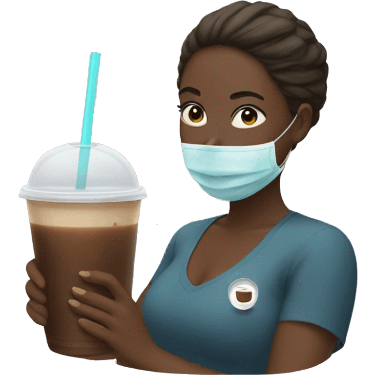 Woman with face mask with a ice coffee in hand  emoji