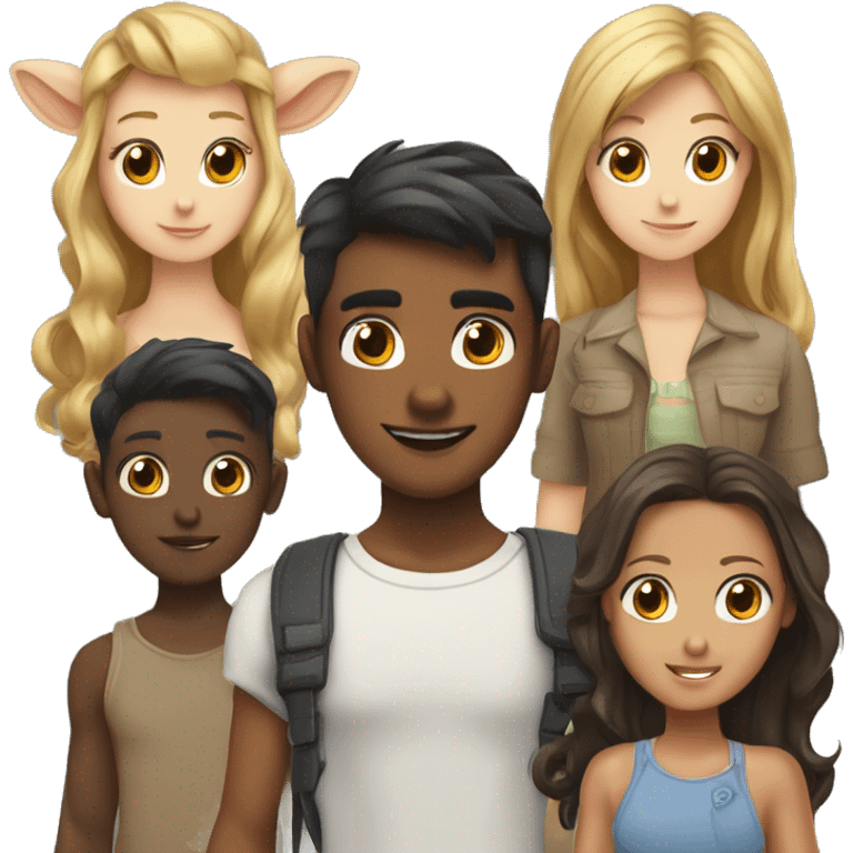 Antilope next to Four Friends. Two Girlys and two Boys. Both Girls have Brown hair. One guy has dark hair and the other one is blond.￼ emoji