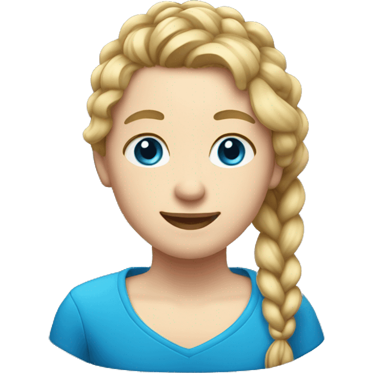 A person who has white skin, dirty blonde hair in 1 braid, blue eyes, red shirt emoji