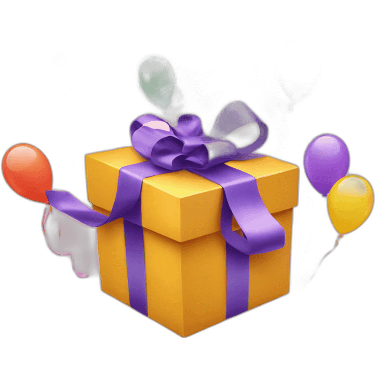 Gift box with ribbon and balloons flying out of it  emoji