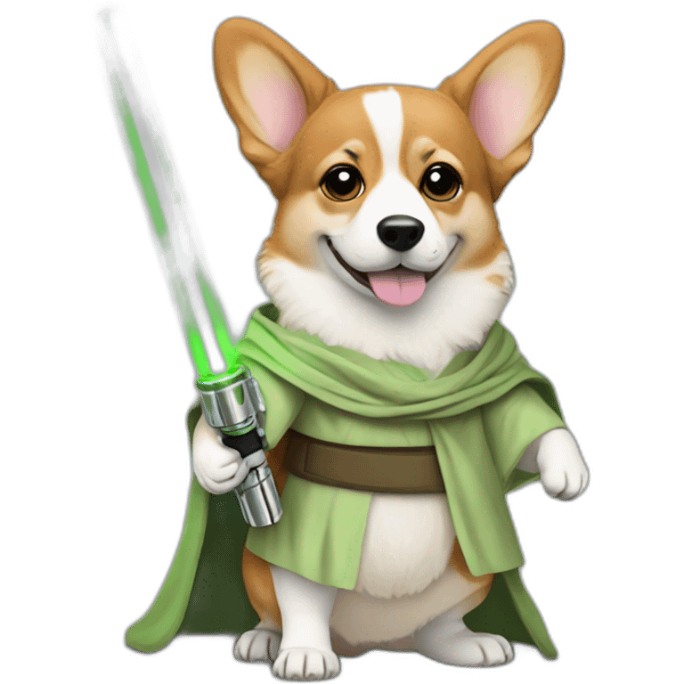 Corgi dress as yoda with one light saber green emoji