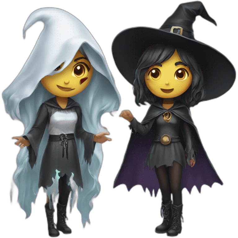 two girls with witch costume and chained ghost spirit costume emoji