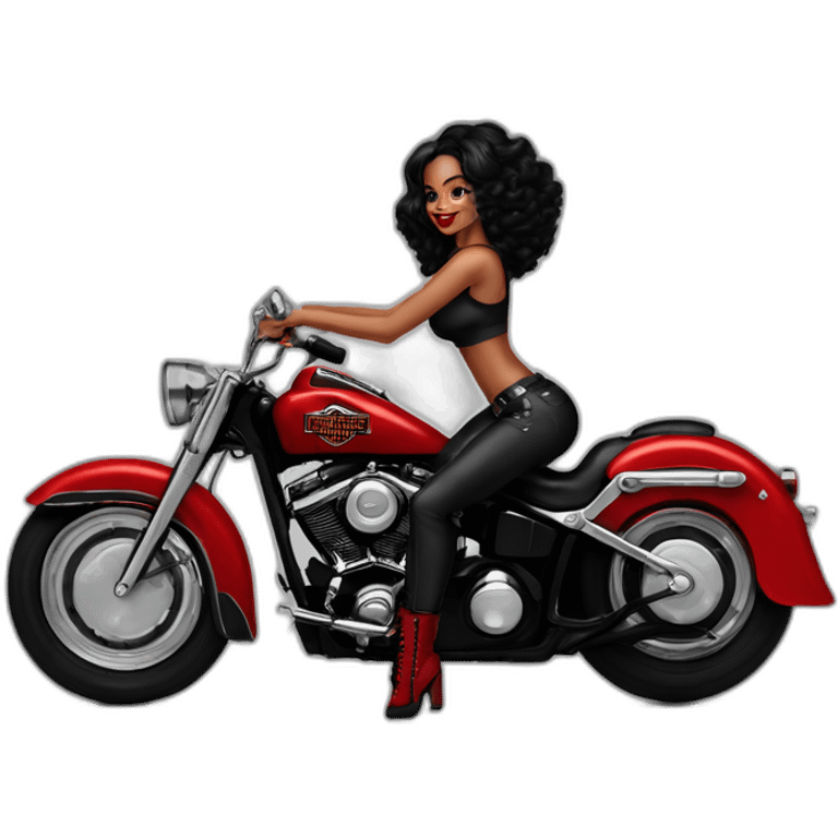 Chica pin up pelo rojo sobre moto Harley Davidson negra emoji