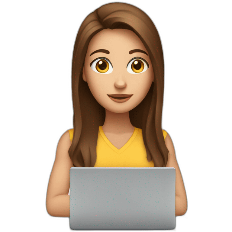 White woman brown long hair and brown eyes on arms looking at a laptop emoji