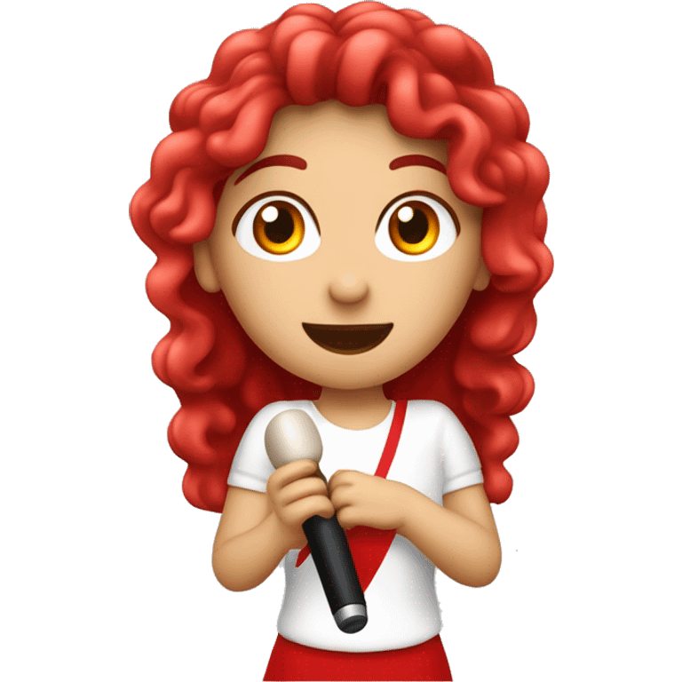 Mujer blanca de pelo rojo y largo ,ojos Carmelitas cantando con micrófono en la mano emoji