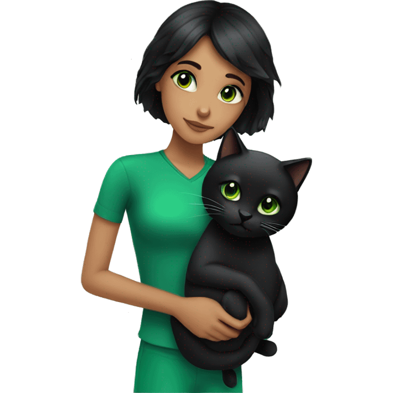 Girl with black hair holding a black cat with green eyes  emoji