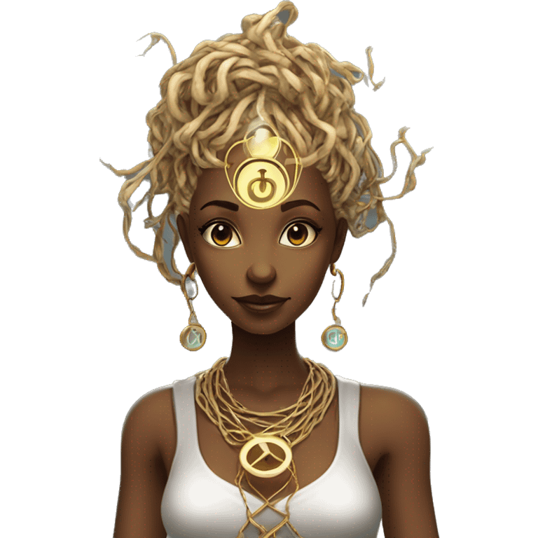 Technomancy Goddess is a mystical being who controls both magic and technology. She can cast spells on technological networks. Her powers blend the ancient art of magic with advanced cybernetics and technology. She can command machines emoji