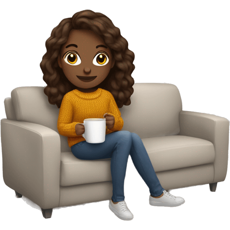 Brunette white girl autumn vibe wearing sweater sitting on a couch holding coffee emoji