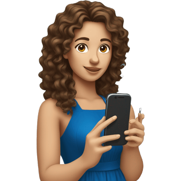 Spain woman content creator with long curly brown hair in blue dress and with smartphone  emoji