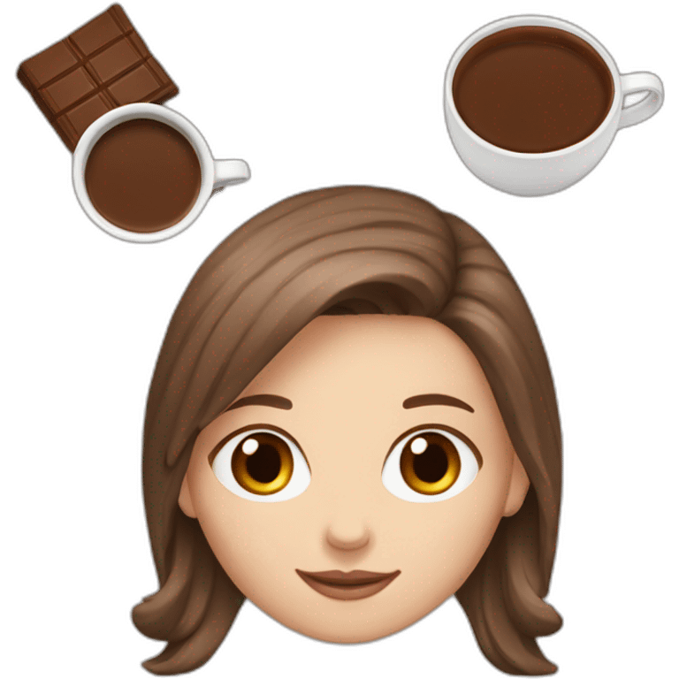 white girl with brown long hair and a hot chocolate emoji