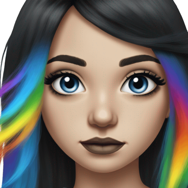 Hyperrealistic drawing white girl blue eyes and long black hair with rainbow fringe. Wearing black crop top and has dark eye makeup on her eyes emoji