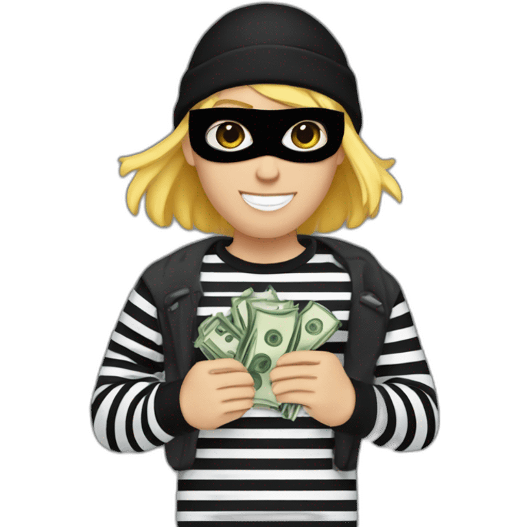 robber with blonde hair wearing a black beanie and a long sleeved white and black horizontally striped t-shirt and wearing black eye mask and holding a bag of money in their left shoulder emoji