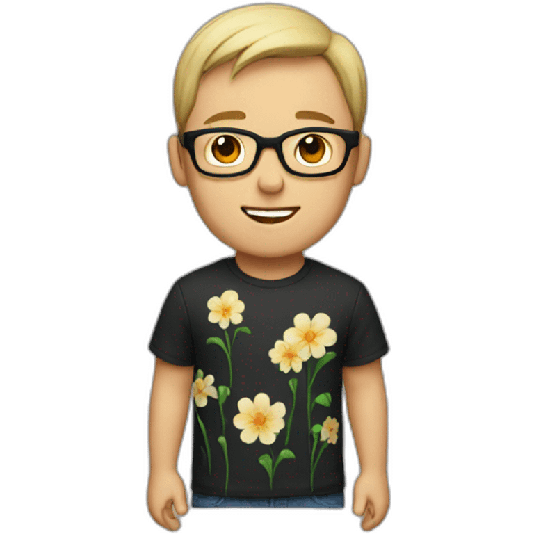 white guy with short hair wearing glasses and dark t-shirt with flowers print emoji