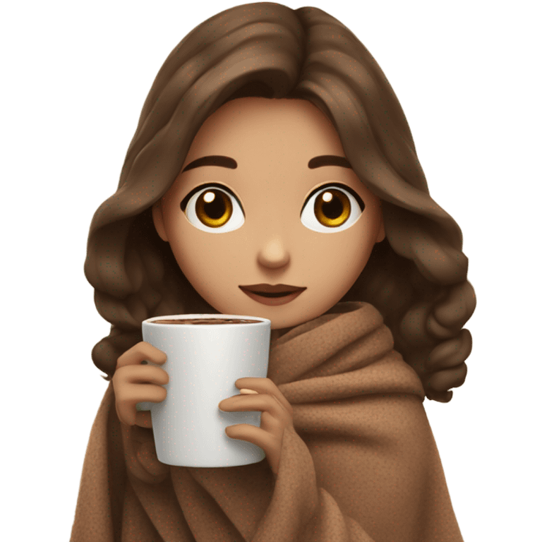 girl inside brown hair, doll eyes, a blanket sipping hot  chocolate, small  emoji