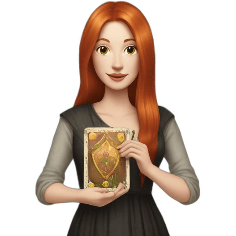 redhead white woman medium long straight hair, holding a tarot card in her hand emoji