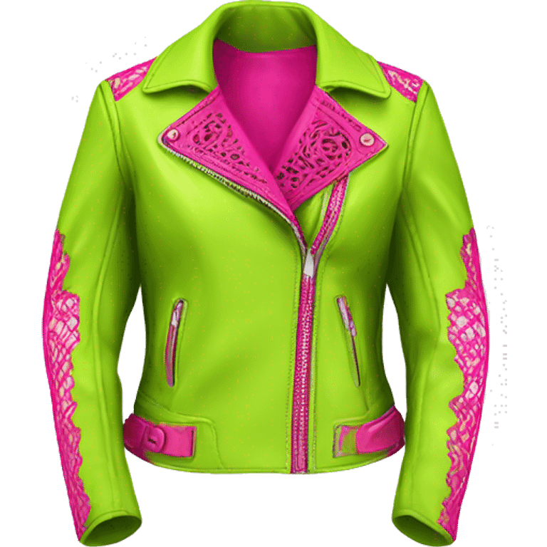 Realistic isolated side view of an open lime green fashion leather jacket with hot pink lace trim on it. emoji