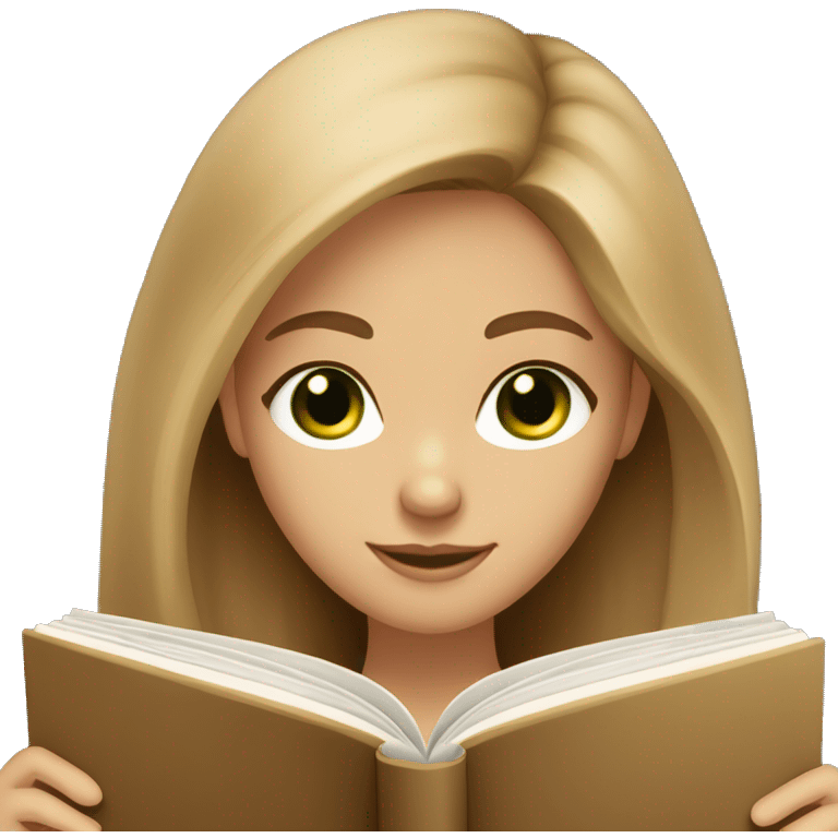 A light brown long haired girl, light skin color, dark green eyes, pretty reading a book  emoji