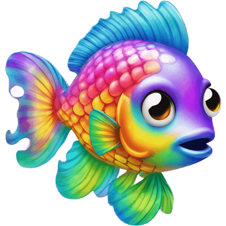 Lisa frank sparkly rainbow fish with heart bubbles emoji