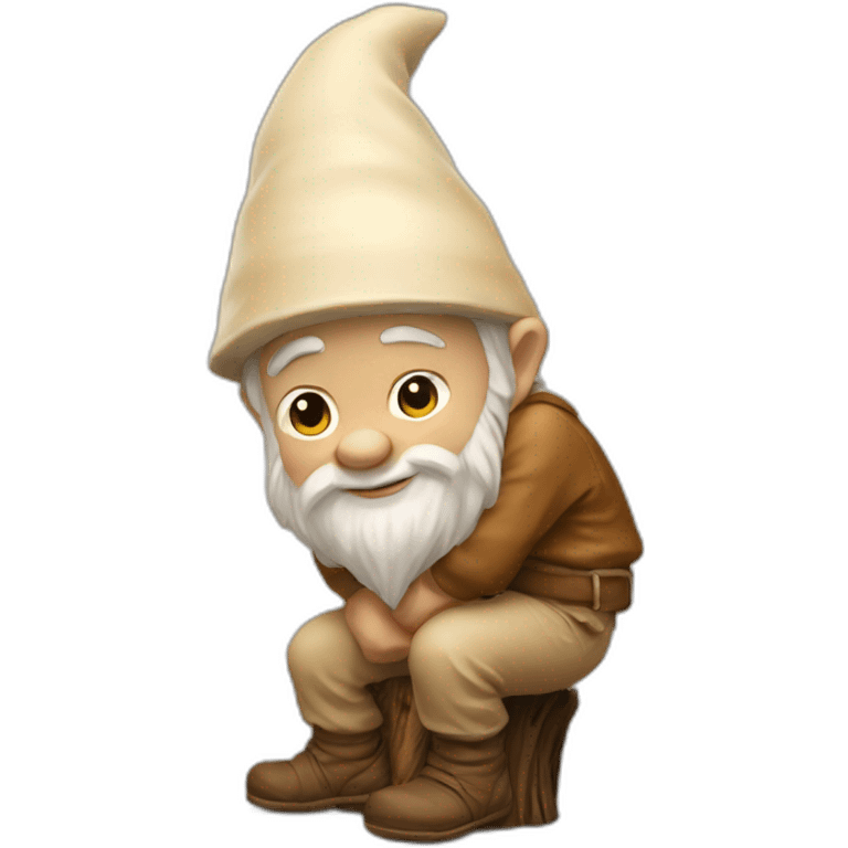 side view of gnome with light tan pants squatting on top of tiny brown log emoji