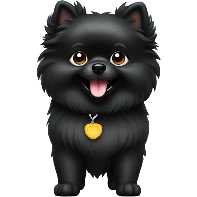 Solid black Pomeranian standing proudly with chest up and smiling emoji