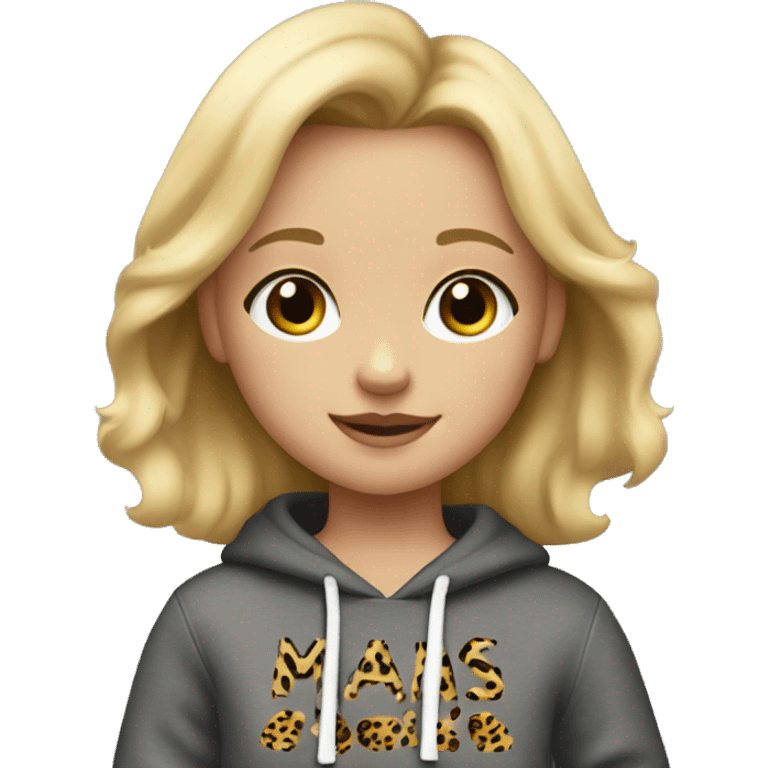 Little girl with blonde hair and a gray sweatshirt that says mamas girl in leopard print and black pants emoji