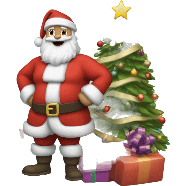 santa claus standing next to the Christmas tree with presents and gifts in his hands emoji