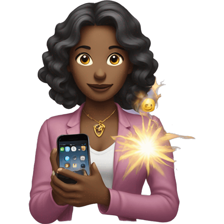 woman holding phone and magic w emoji