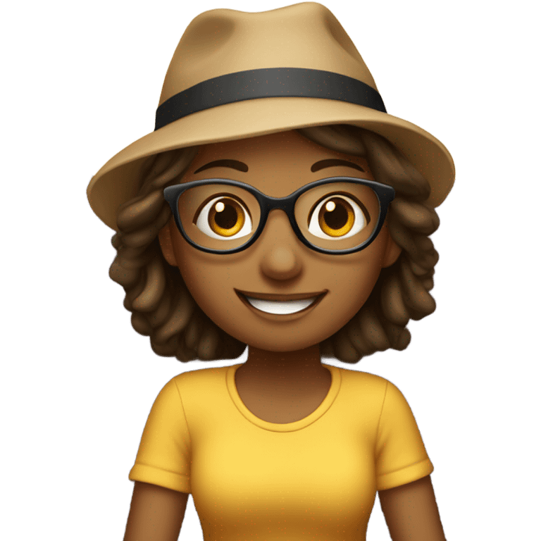 smiling girl on couch indoors with glasses and hat emoji