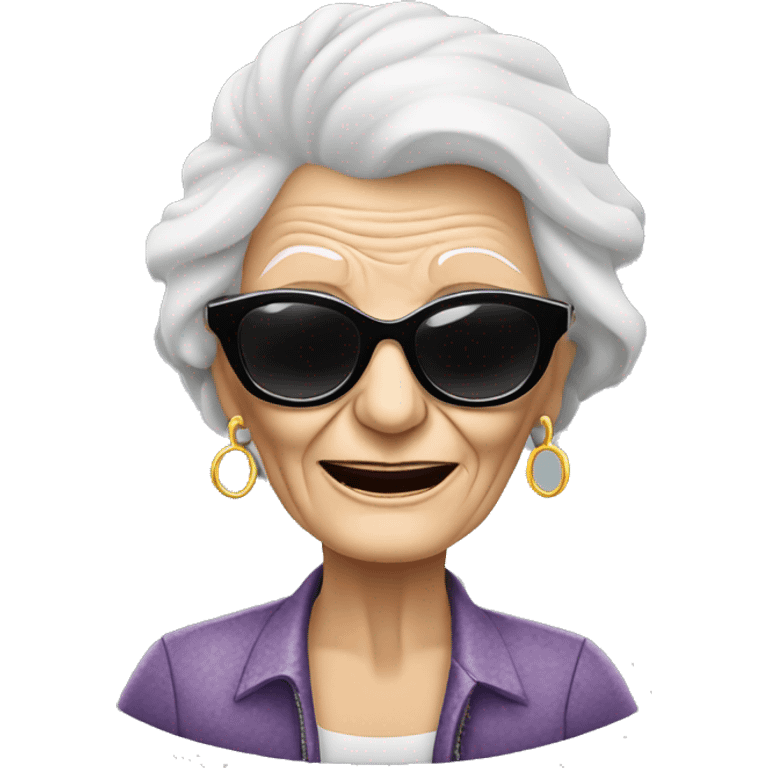 stylish rocker elderly woman using sunglasses making rock’n’roll symbol with the hands emoji