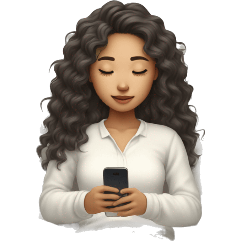 asian girl with curly long hair and white long sleeve shirt fall asleep on bed with phone in hand emoji