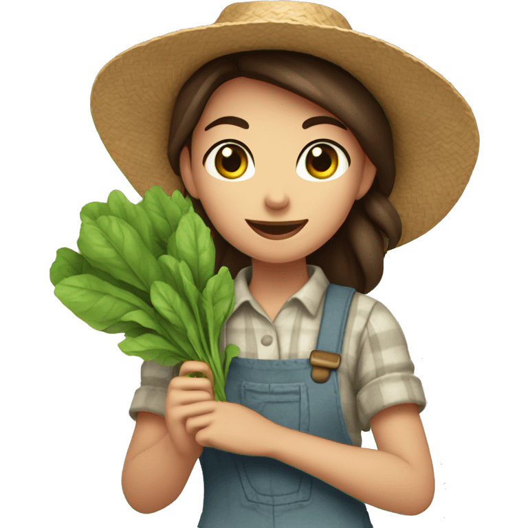 farmer girl, light blue eyes, dark brown hair, with a straw hat, ponytail, holding greens in hand emoji