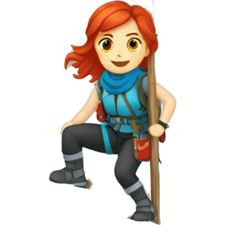 a red hair female mountaineer summitting ice peak with greek flag emoji