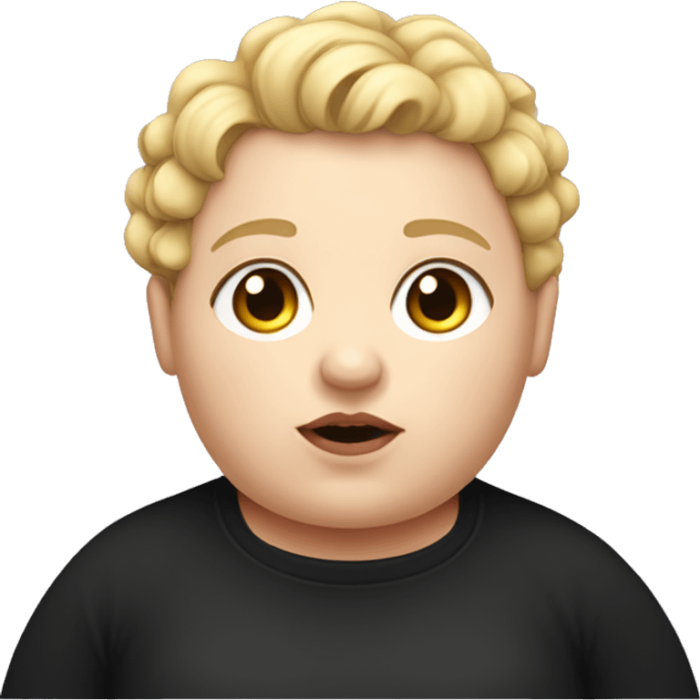 A morbidly obese girl with short blonde curly boy hair and a black sweater emoji