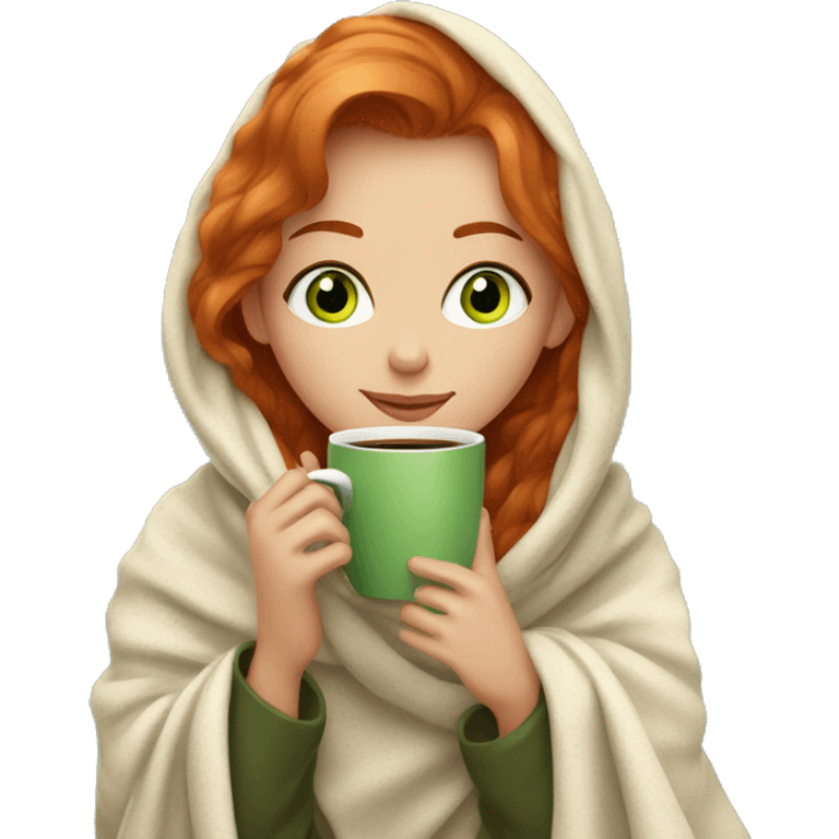 Girl with blondish red hair and green eyes sipping coffee in a cozy blanket emoji