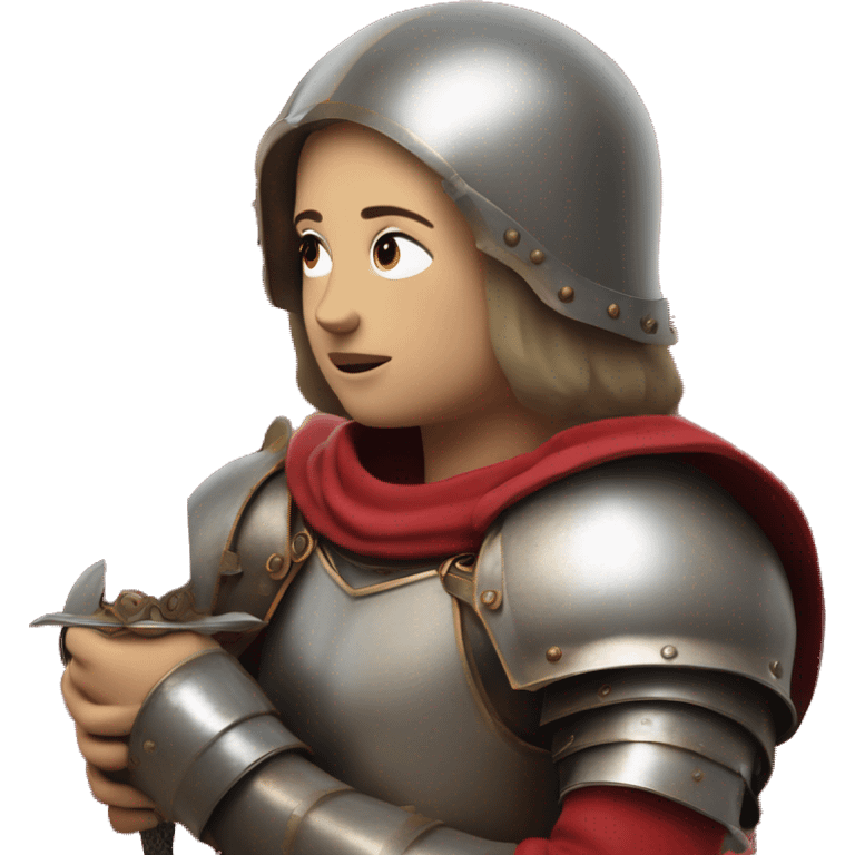 Joan of arc in medieval armor kneels, looking upward, with hands resting on a sword. They're dressed in a red garment under the armor. emoji